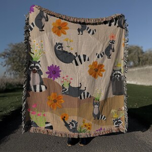 Woven Raccoon Blanket: Cottagecore Floral Throw