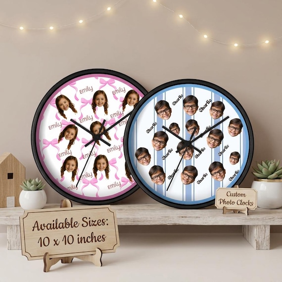 A fully functional wall clock built around your kid's actual photos — room decor that's also a keepsake and actually tells time.