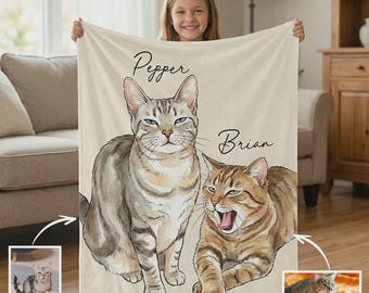 Custom Pet Photo Blanket – Watercolor Dog Cat Portrait Throw, Personalized Pet Memorial Gift Pet Memorial Gift, Unique Gift for Pet Lovers