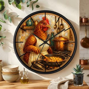 May include: A round wall clock with a black frame featuring a whimsical illustration of a chicken wearing an apron and cooking in a kitchen. The clock face has black hands and a detailed image of the chicken, pots, and pans.