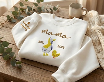 Embroidered Mama Goose Sweatshirt • Personalized Kids' Names Sleeve Sweater • Personalized Goose Family Kids' Names•  Mother’s Day Crewneck