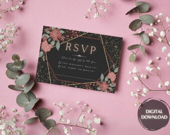 May include: A black RSVP card with gold glitter and a geometric design. The card has a floral pattern with pink roses and green leaves. The text on the card reads "RSVP" and "Please kindly reply by 18th Jane". There are two checkboxes with the text "YES: WOULDN'T MISS IT!" and "NO. SORRY TO MISS IT!"