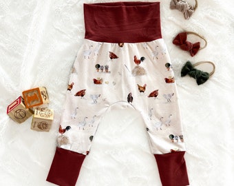 Grow With Me Pants | Gender Neutral Pants | Harem Pants | Baby Joggers | Chicken Pattern | Brick | Chicken Baby Gift
