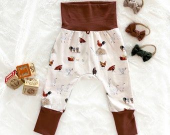 Grow With Me Pants | Gender Neutral Pants | Harem Pants | Baby Joggers | Chicken Pattern | Baked Clay | Chicken Baby Gift