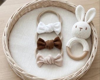 Handmade Knotted Nylon Baby Bow Headband Set: White, Brown, Cream Newborn Photography Props