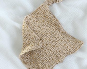 Baby Lovey fait main en mousseline de feuilles d'or : couverture de sécurité, attache-tétine
