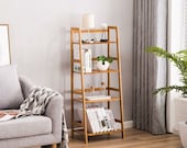 Bamboo Ladder Shelf Multifunctional Plant Flower Display Stand Storage Rack Bookcase Bookshelf Natural (4 Tier)