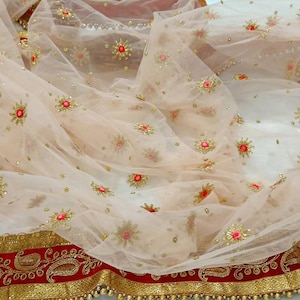 Peach Net Dupatta With Red Zari  Embroidered Border| Wedding Dupatta | Nikah Dupatta| Indian Bridal Dupatta |