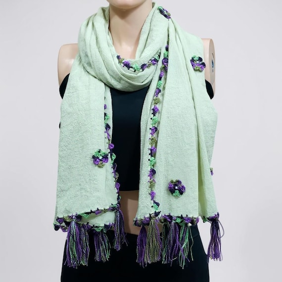 Handmade Crochet Flower Scarf: Boho Georgette Shawl With Tassels