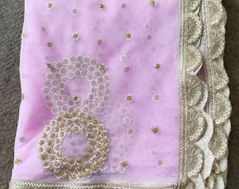 Pink Net Wedding Dupatta: Golden Zari Embroidered Bridal Veil