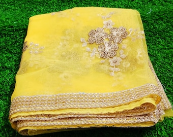 Designer Yellow Net Dupatta with Golden  Border | Nikkah Dupatta |  Net Dupatta | Veil | Indian dupatta | Net Dupatta with Golden border