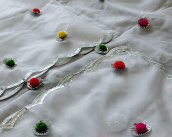 White Organza Dupatta: Silver Gota Flowers, Multicolor Pom Poms