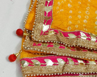 Art Silk Bandhani Dupatta: Multicolor Tie Dye Scarf with Pearl Lace