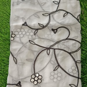 Designer White Chiffon Dupatta| Chiffon Embellished  Women Dupatta| White Dupatta With Black flowers| Multipurpose Dupatta|