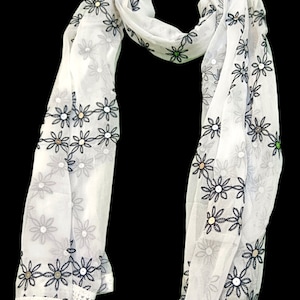 Designer White Chiffon Dupatta| Chiffon Embellished  Women Dupatta| White Dupatta With Black flowers| Multipurpose Dupatta|
