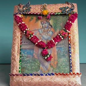 Handmade Chitrapat Deity Photo Frame Cover with Garland & Patch Work 10"x13"|Religious Frame Cloth | Custom Size And  Color Available