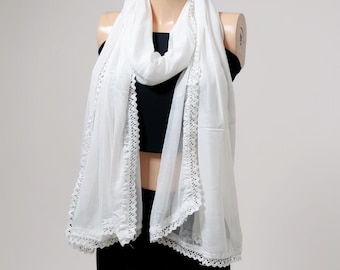 Dupatta de gasa blanca con encaje de ganchillo - Bufanda india, estola étnica