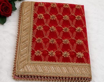 Mata Rani Chunri | Red Heavy Net Chunri with Pearl Lace | Embroidered Devi Ma Dupatta | 2 Meter Navratri Pooja Chunri |  Bridal Dupatta