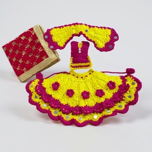 Vestido Mata Rani de crochê feito à mão com Aasan | Lehenga Choli Devi Ma | Poshak para ídolo da Deusa para Pooja no Mandir para tamanhos de 14 a 18 polegadas