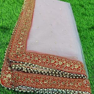 Pink Net Dupatta With Red Zari  Embroidered Border| Wedding Dupatta | Nikah Dupatta| Indian Bridal Dupatta | Fast Shipping