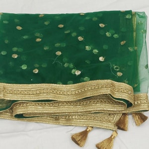 Green Net Dupatta With Golden Trimmed Border| Wedding Dupatta | Nikah Dupatta| Indian Bridal Dupatta