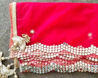 Red Net Dupatta With Golden Scalloped Edges | Nikah Dupatta| Indian Bridal Dupatta | Devi Ma Dupatta| Multipurpose Red Chunri Dupatta