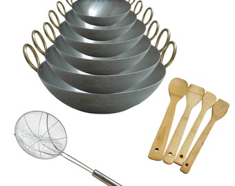 Traditional Pure Iron Kadai of all sizes in one place/Handmade Iron Kadais of all Sizes With Mesh skimmer and Bamboo Kitchen Tools|