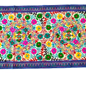 Puede incluir: Un tapiz bordado colorido con fondo blanco y dos diseños circulares en el centro. El tapiz tiene un borde azul con un patrón ondulado.
