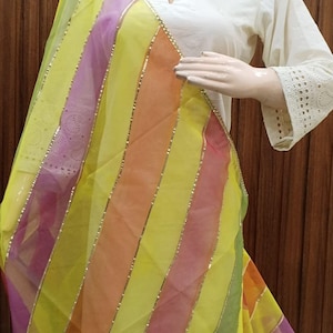 Multicolor Striped Organza Dupatta with Golden Lace & Tassel Detailing |Rainbow Striped Organza Dupatta Gota Dupatta| Festive Ethnic Stole|
