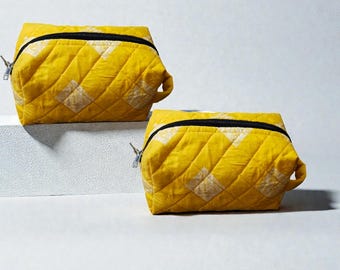 Kosmetyczka z recyklingu | Pikowana kosmetyczka | Ręcznie robiona żółta kosmetyczka | Ekologiczny organizer podróżny