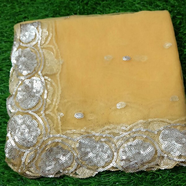 Yellow Embroidered Net Dupatta With Sequinned main image 1