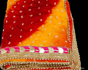 Multicolor Bandhani Dupatta: Art Silk Tie Dye Scarf with Pearl Lace
