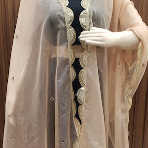 Peach Organza Dupatta with Sequin Lace |  Partywear Dupatta | Handmade Scallop Lace Dupatta | Ethnic Dress Stole| Dupatta for gown