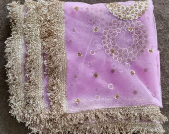 Pink Net Wedding Dupatta: Golden Zari Embroidered Bridal Veil