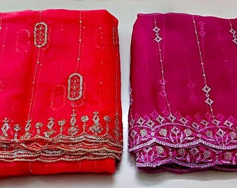 Ensemble dupatta en organza brodé | Foulard en voile de mariée rose fuchsia et rouge