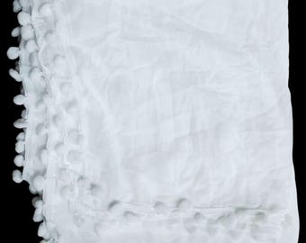 Plain White Pom Pom Dupatta | Soft Sheer Chunni with Lace Border | Pooja, Temple & Festive Wear | White Dupatta | White Scarf | White Chunri
