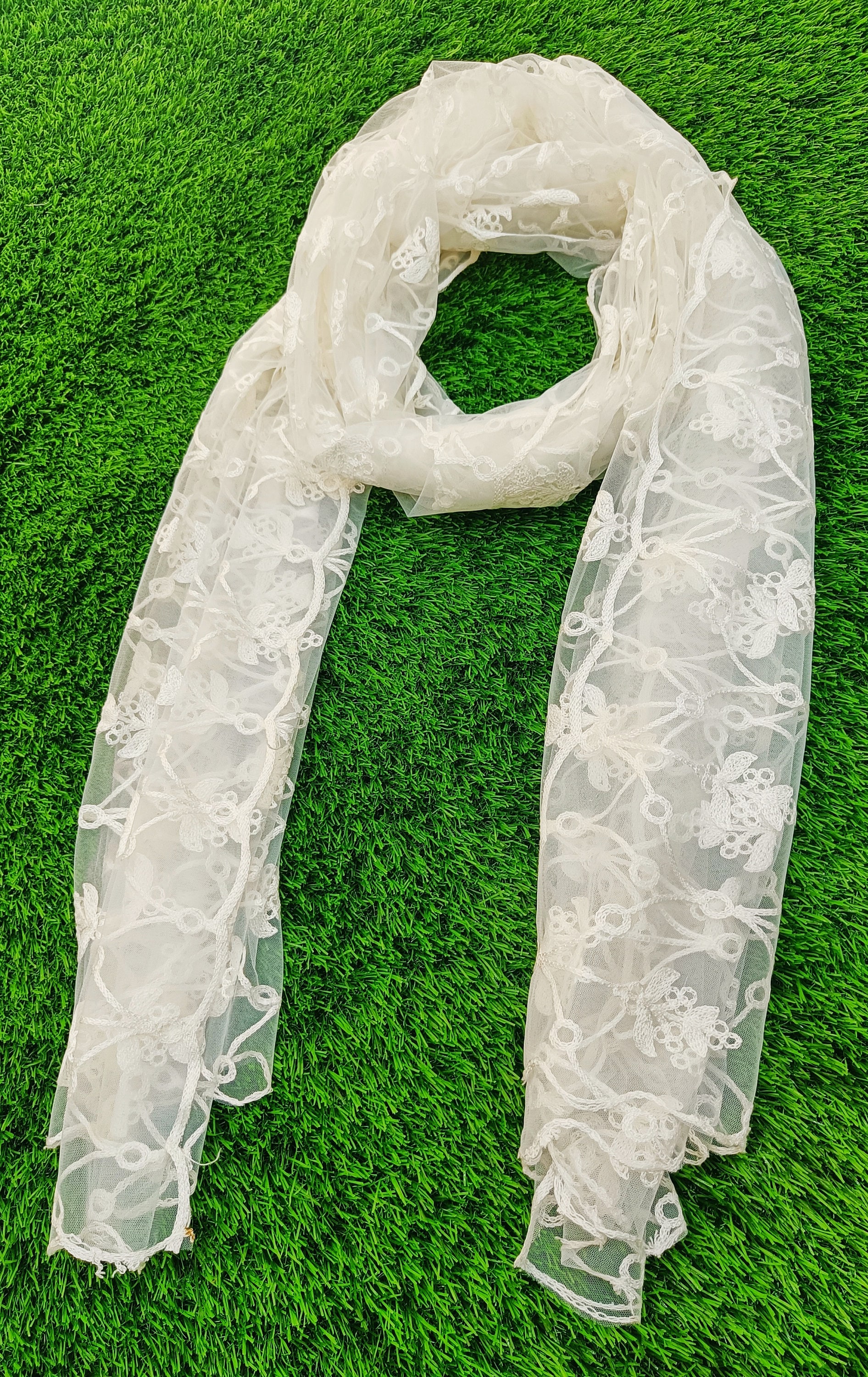 Designer  White Net Dupatta With Thread work & Cutwork Border| Multipurpose White Net  Scarf| White Dupatta