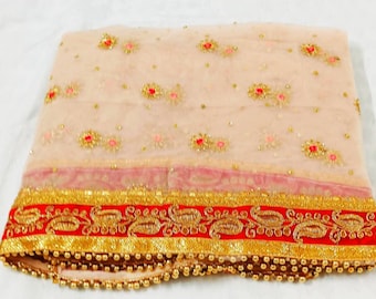 Indian Peach Bridal Dupatta | Heavy Embroidered Wedding Dupatta | Bridal Veil | Ethnic Bride Chunni | Traditional Lehenga Scarf