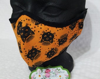 Lunar Cat Halloween Face Mask: Orange Spooky Cotton Mask with Filter