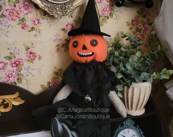 Handmade Witch Pumpkin Head Doll: Spooky Felt & Fabric Doll