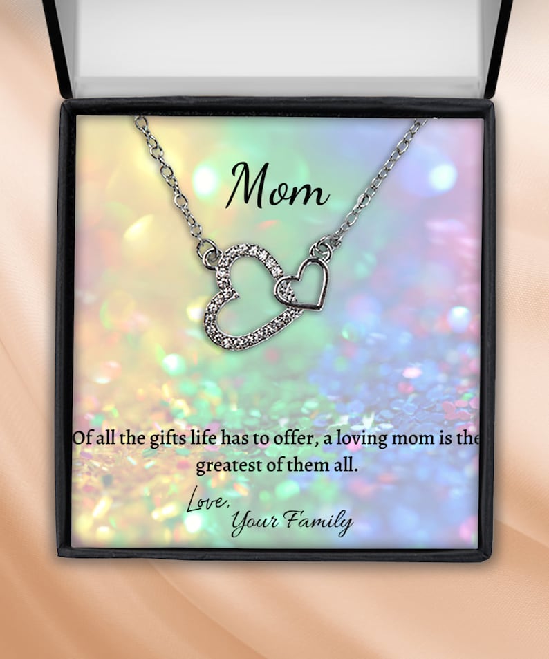 Birthday Silver Plated Necklace Gift For Mom Family Gift for Mom Interlocking Heart With Message Card Mom Heart Necklace From Daughter