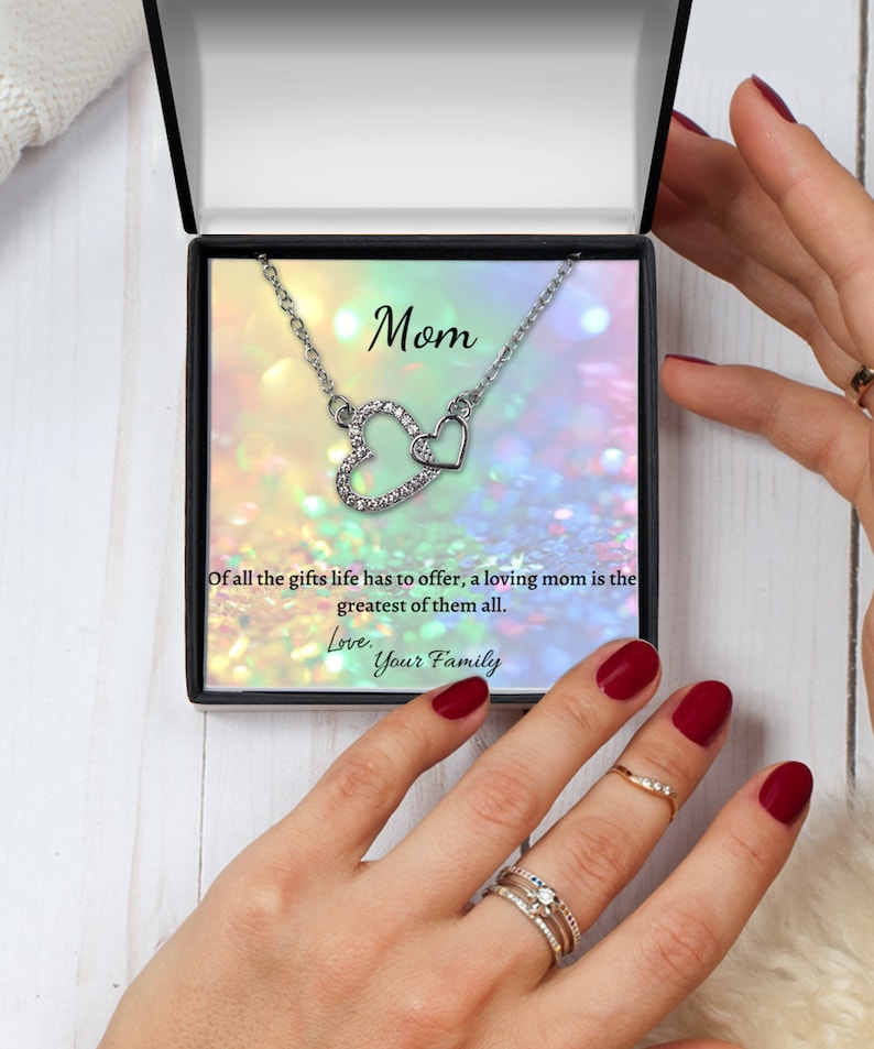 Birthday Silver Plated Necklace Gift For Mom Family Gift for Mom Interlocking Heart With Message Card Mom Heart Necklace From Daughter