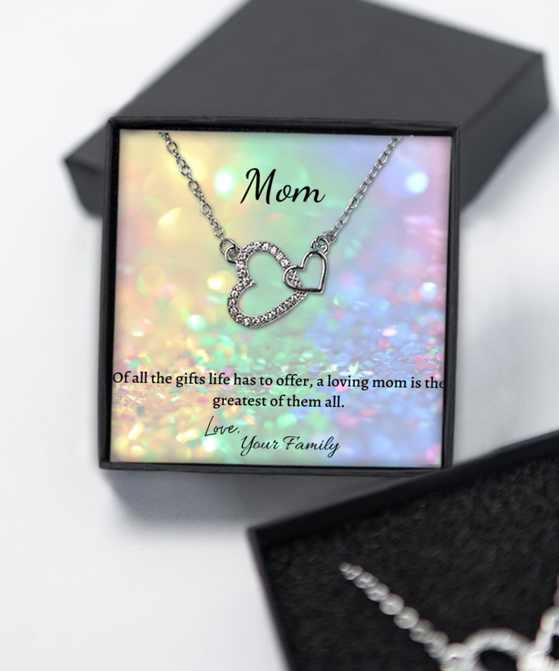 Birthday Silver Plated Necklace Gift For Mom Family Gift for Mom Interlocking Heart With Message Card Mom Heart Necklace From Daughter