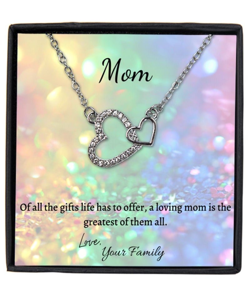 Birthday Silver Plated Necklace Gift For Mom Family Gift for Mom Interlocking Heart With Message Card Mom Heart Necklace From Daughter