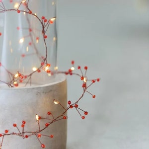 May include: Copper wire fairy lights with small red beads wrapped around a clear glass vase and a concrete cylinder. The lights are strung in a whimsical, cascading pattern.