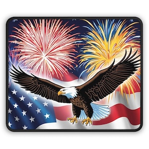 Patriotic Gaming Mouse Pad, Eagle Design, USA Flag, Fireworks Decor, Gamer Gift, Memorial Day, Independence Day