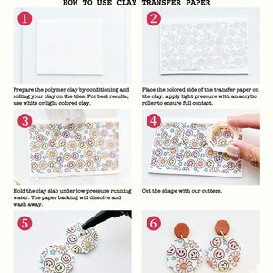May include: A step-by-step guide on how to use clay transfer paper to create polymer clay earrings. The image shows six steps, with each step illustrated with a photo. The steps include preparing the clay, placing the transfer paper on the clay, cutting the shape, and sealing the pieces with UV resin after baking.