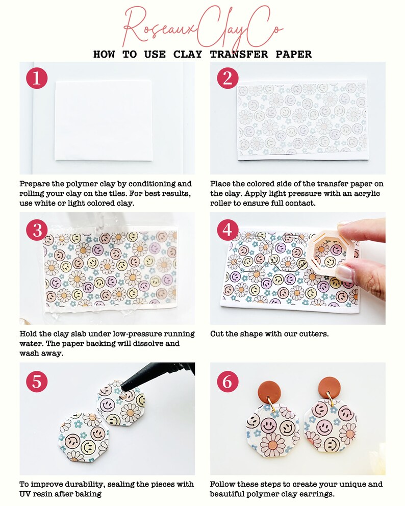 May include: A step-by-step guide on how to use clay transfer paper to create polymer clay earrings. The image shows six steps, with each step illustrated with a photo. The steps include preparing the clay, placing the transfer paper on the clay, cutting the shape, and sealing the pieces with UV resin after baking.