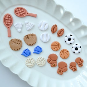 Pu&ograve; includere: Un piatto bianco con una variet&agrave; di ciondoli in argilla a tema sportivo, tra cui palle da baseball, palloni da basket, palloni da calcio, palloni da calcio, palloni da pallavolo, racchette da tennis, racchette da badminton, guantoni da boxe e guanti da baseball.