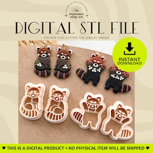 Op de afbeelding: Digitaal STL-bestand voor polymeerklei-uitstekers met rode panda-ontwerpen. Bevat twee stijlen rode panda-oorbellen in bruin, wit en zwart, samen met vier bijpassende witte plastic uitstekers. Tekst: ROSEAUX CLAY CO DIGITAL STL FILE.